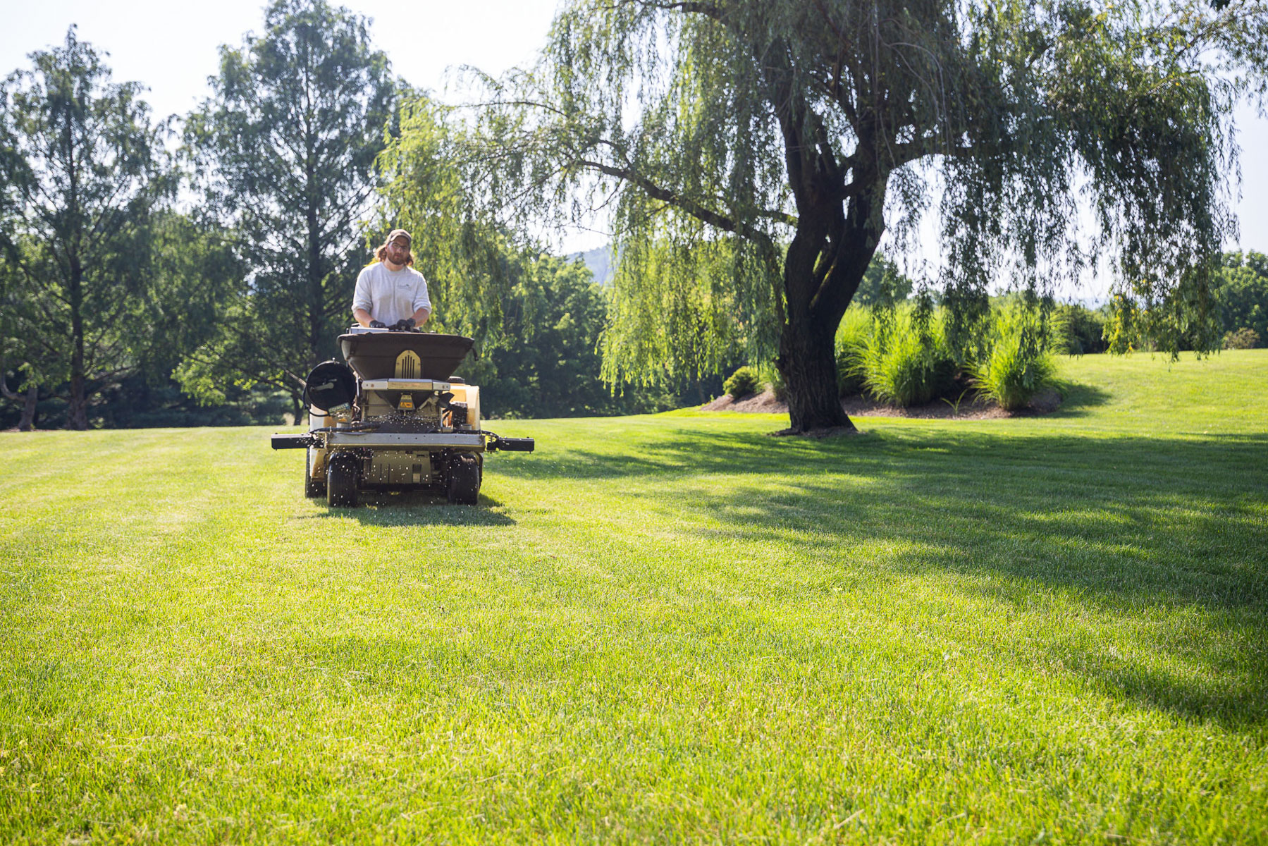 Lawn care technician applying granular fertilizer with ride-on equipment